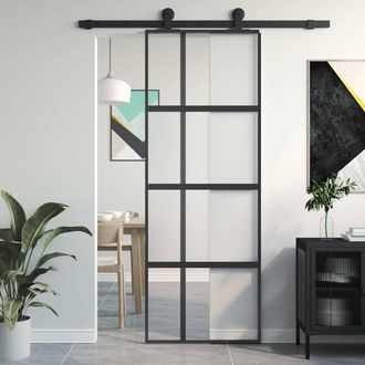 vidaXL Vidaxl - Puerta Corredera Vidrio Templado Y Aluminio Negra 76x205 Cm