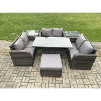 Fimous Rattan Garden Outdoor Furniture 3 pc Love Sofa Set Patio Adjustable Rising lifting Dining Table With 2 Side Tables Big Footstool - Fimous