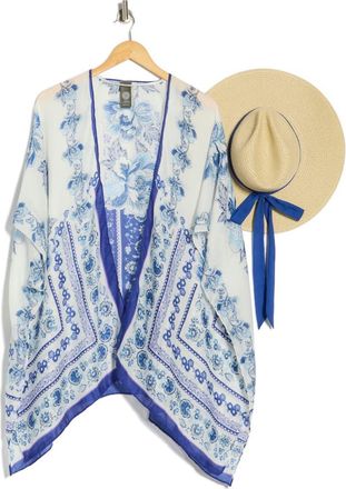 Vince Camuto Floral Scarf Print Ruana & Straw Hat Set in Blue at Nordstrom Rack