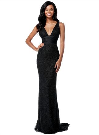 Sherri Hill Beaded V-Neck Gown In Black