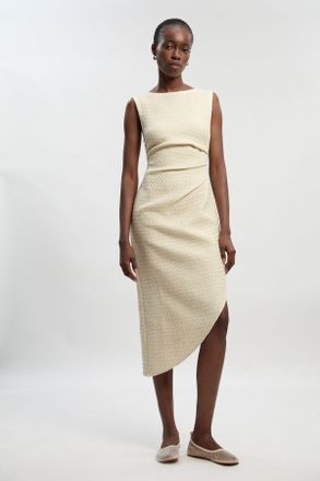 Karen Millen Womens Petite Boucle Tailored Ruched Detail Midi Dress - White - Size 14 UK