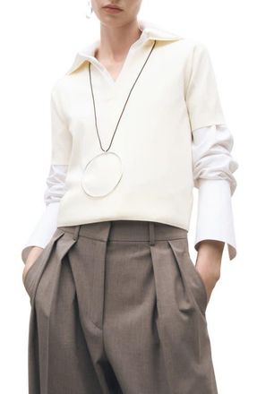 Mango Short Sleeve Cotton & Wool Polo Sweater in Ecru at Nordstrom, Size Medium