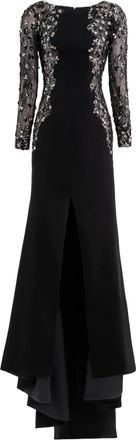 Saiid Kobeisy Embellished Crepe Long Dress with Sheer Sleeves and Sequined Detail