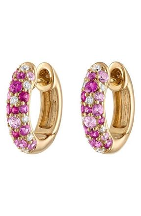 Eden Presley Glitter Diamond Huggie Hoop Earrings in Yellow Gold - Pink at Nordstrom