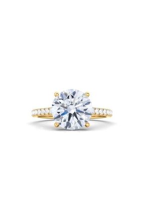 HauteCarat Round Brilliant Cut Pavé Lab Grown Diamond Ring in 2.50 Ctw 18K Yellow Gold at Nordstrom, Size 4.5