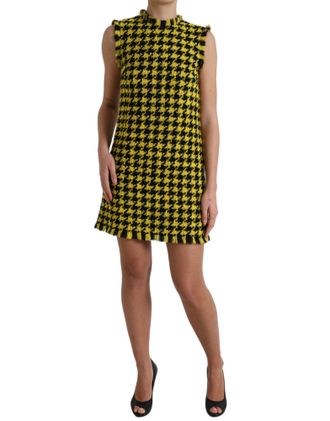 Dolce & Gabbana Womens Yellow Houndstooth Sleeveless Aline Mini Dress Virgin Wool Nylon