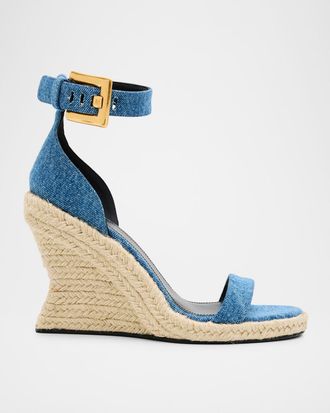 Balmain 85mm Denim Espadrille Wedge Sandals