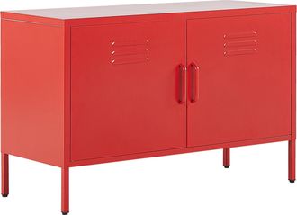 Beliani Aparador De Metal Rojo 100 X 40 Cm 2 Puertas Estantes Protectores Patas Uria