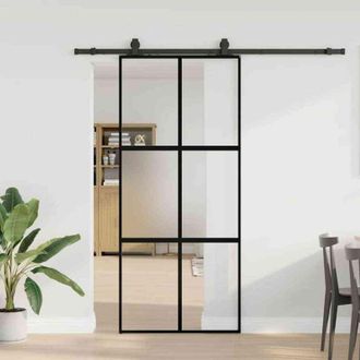 vidaXL Puerta Corredera Con Herrajes Negro 90x205 Cm Vidrio Templado Vidaxl