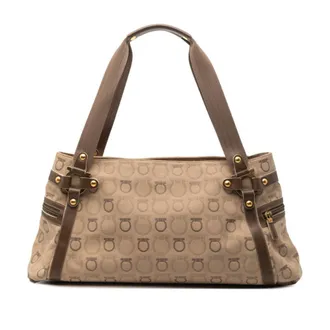 Ferragamo Beige Canvas Leather Handbag Shoulder Bag Tote Bag (Pre-Owned)