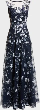 Teri Jon Cap-Sleeve Embroidered Tulle A-Line Gown