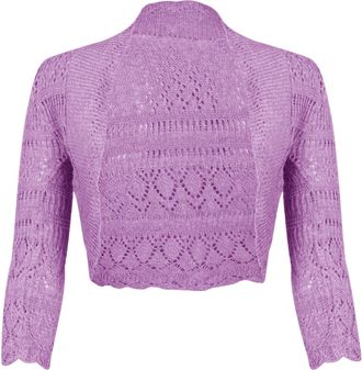Generic New Ladies Womens Long Sleeve Crochet Bolero Shrug Plain Cropped Knitted Open Cardigan Tops 8-14 Lilac