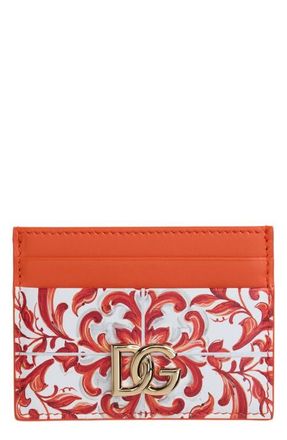 Dolce & Gabbana DG Logo Majolica Print Leather Card Case in Ih3Tn Maiolica 6 Orange at Nordstrom