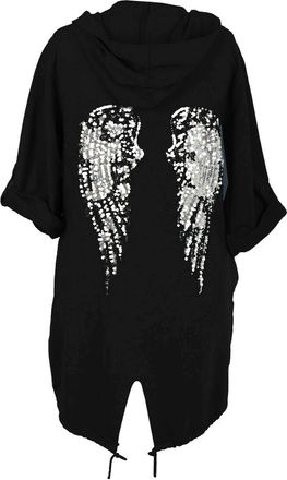 Janisramone Womens Oversized Hoodie with Sequin Angel Wings at Back - Hooded Cardigan Women, Pull On Style Sequin Angel Wing Top, Baggy Cardigans for Women UK Bla