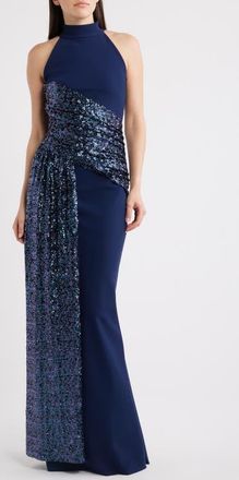 La Petite Robe Di Chiara Boni Virgo Sequin Drape Mermaid Gown in Blue Notte at Nordstrom, Size 12