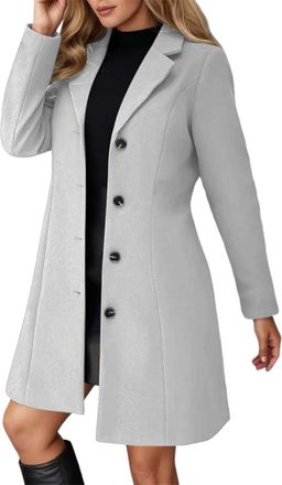 Generic Womens Winter Wool Coat Elegant Long Single Breasted Trench Coat Fall Classic Solid Color Lapel Collar Windbreaker Jacket for Women Mid Length Warm Wo