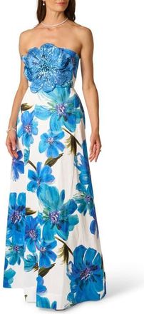 Adrianna Papell Floral Print Strapless Gown in Ivory/Blue Multi at Nordstrom, Size 16