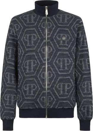 Philipp Plein Hoodies & sweatvesten, Heren, Blauw, XL, Katoen, Jacquard Tracksuit Jacket Monogram