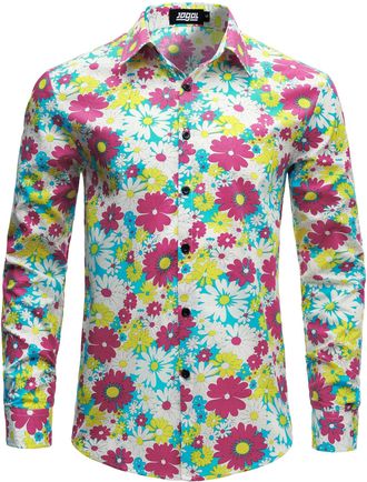 JOGAL Mens Regular fit Floral Dress Shirt Long Sleeve Printed Casual Button Down Shirts White Pink 3X-Large