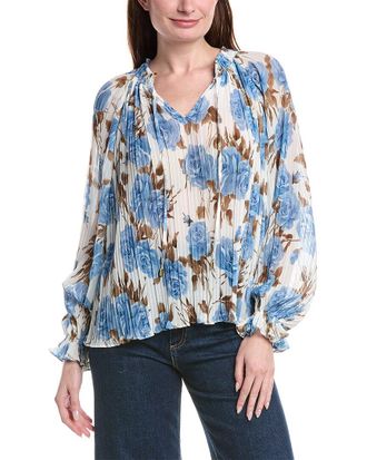 Alberta Ferretti Philosophy Smocked Tie Neck Printed Plisse Blouse