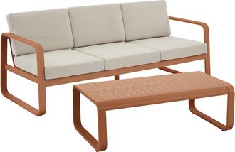 Vente-Unique Conjunto de jard&iacute;n de aluminio: 1 sof&aacute; de 3 plazas y 1 mesa de centro - Cobrizo con cojines beige - LOMIA de MYLIA