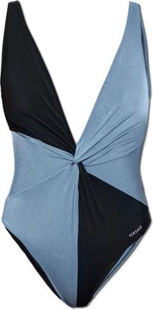 Versace One-Piece Badpak met Geborduurd Logo - Dames - Badpakken - Blauw - XL - Leer - Badmode