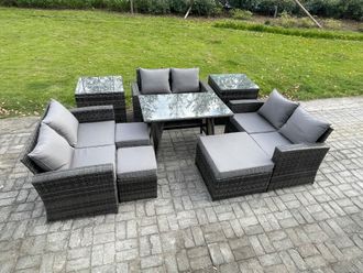Fimous Outdoor Lounge Sofa Set Wicker PE Rattan Garden Furniture Set with Rectangular Dining Table 2 Seat Sofa 2 Side Tables in Dark Grey
