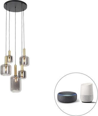 QAZQA Smart Pendant Light Black with Gold and Smoke Glass Incl. 5 Wifi A60 - Zuzanna