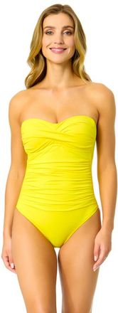 Anne Cole Womens Live In Color Solid Twist Front Shirred One Piece Swimsuit in Lemon at Nordstrom, Size 16