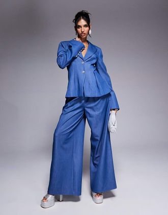 Asos chambray wide leg tailored pants in blue - part of a set