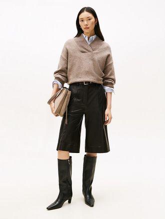 Tommy Hilfiger Womens Leather Wide-Leg Culotte - Black - 10