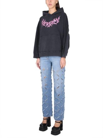 Versace Logo-Print Cotton Hooded Sweatshirt - Black