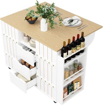 STILVORA Carrello Da Cucina Con 2 Ante Scorrevoli, 3 Cassetti, Ripiano Laterale, Piano Ribaltabile E Ruote, In Mdf, 110x42x90 Cm, Bianco
