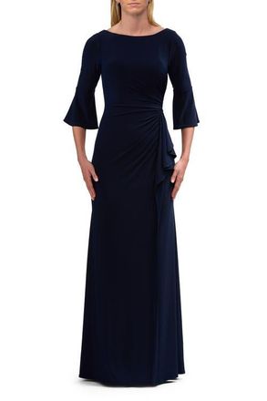 La Femme Simple Evening Dress with Three Quarter Bell Sleeve and High Neckline in Navy at Nordstrom, Size 10