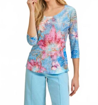 FDJ 3/4 Sleeve Scoop Neck Top In Blue Floral