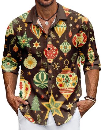 Generic Mens Christmas Shirt Long Sleeve Xmas Holiday Party Dress Shirts Button Down Funny Print Hawaiian Santa Shirt (UK, Alpha, XL, Regular, Regular, Style 