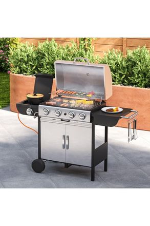 Living and Home 5-Burner Silver Outdoor Gas Grill with Side Burner - 56 Stainless Steel BBQ & Warming Rack