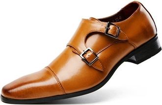 Generic Formal Oxford Shoes for Men Slip On Double Monk Strap Cap Toe Square Toe Leather Block Heel Low Top Slip Resistant Rubber Sole Working(Brown,7.5 UK)