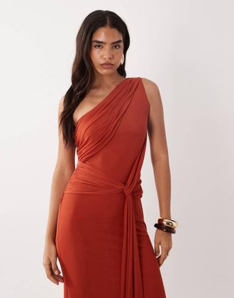 Asos Vestito asimmetrico in rete color ruggine con spallina singola e dettaglio a sciarpa-Arancione