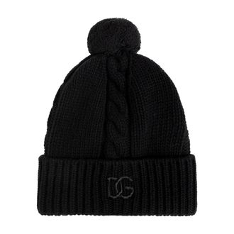 Dolce & Gabbana Wool Beanie With Embroidered Logo - Dames - Hoeden - Zwart - ONE Size - Wol - Accessoires