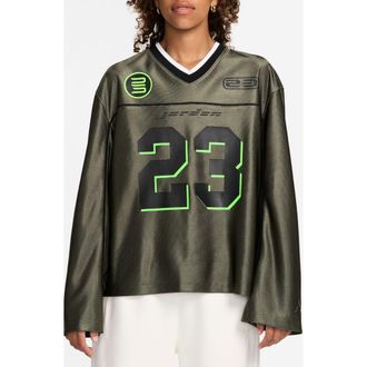 Nike Jordan Oversize Long Sleeve V-Neck Jersey Top in Medium Olive at Nordstrom Rack, Size X-Small