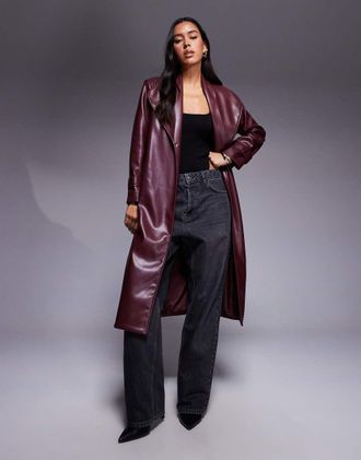 River Island Cappotto lungo in pelle sintetica rosso scuro a portafoglio