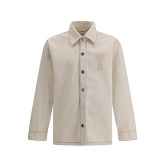 Ami Light Jackets, male, Beige, Size: XL Embossed Logo Denim Shirt Jacket