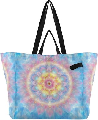 Generic Pink Blue Mandala print Reusable Canvas Tote Bag, Heavy Duty Grocery Shopping Bag with Double Handles Hard Bottom Large Capacity Work Groceries Travel