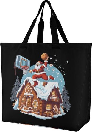 Generic Santa Playing Basketball Reusable Shopping Bags One Shoulder Grocery Tote Bag Waterproof Big Purse for Work Travel