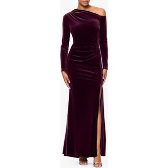 Betsy & Adam One-Shoulder Long Sleeve Velvet Gown in Maroon at Nordstrom Rack, Size 4