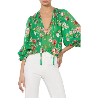 Alice & Olivia Moranne Floral Print Tie Neck Top in Hamptons Floral Small at Nordstrom Rack, Size X-Small