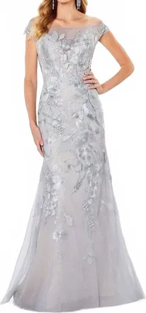 Montage by Mon Cheri Illusion Off-Shoulder Dress In Grey/nude