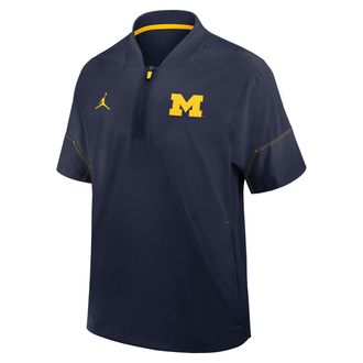 Nike Jordan Mens Michigan Sideline Coach Jordan Brand College 1/2-Zip Short-Sleeve Hooded Jacket in Blue | 0JBOCNAMMWN-6XU