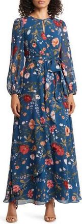 Eliza J Floral Long Sleeve Maxi Dress in Teal at Nordstrom Rack, Size 6